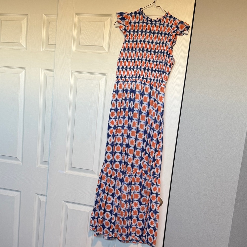 Ann Taylor LOFT Orange & Navy Smocked Floral Maxi Dress